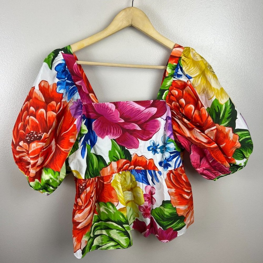 FARM Rio Pink and Red Puff Sleeve Peplum Blouse